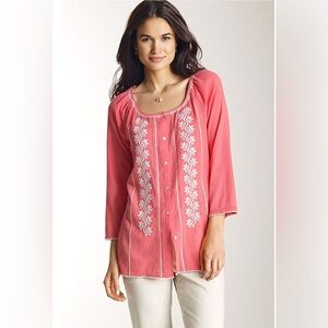 J. Jill Cotton Boho Embroidered Button Up Blouse Pink Size 2X